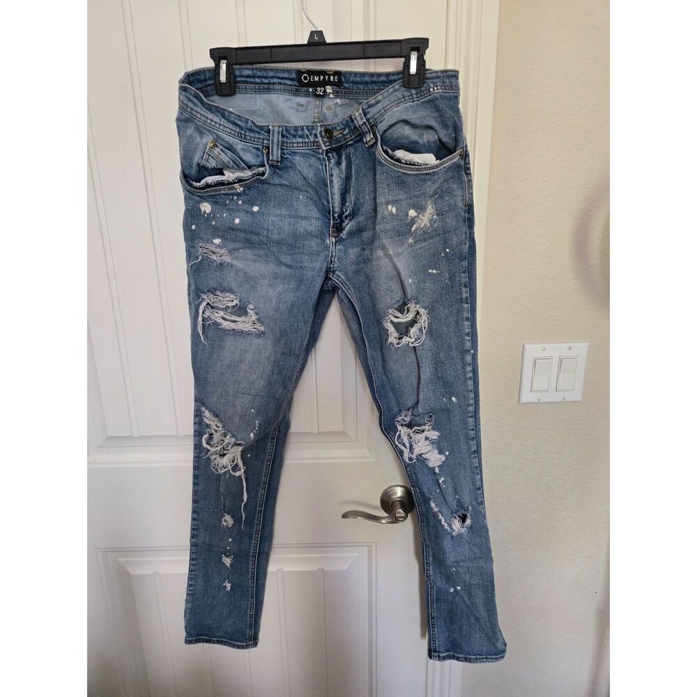 Empyre Men’s Size 32 Blue Distressed Ripped Paint Splatter Slim Jeans Denim
